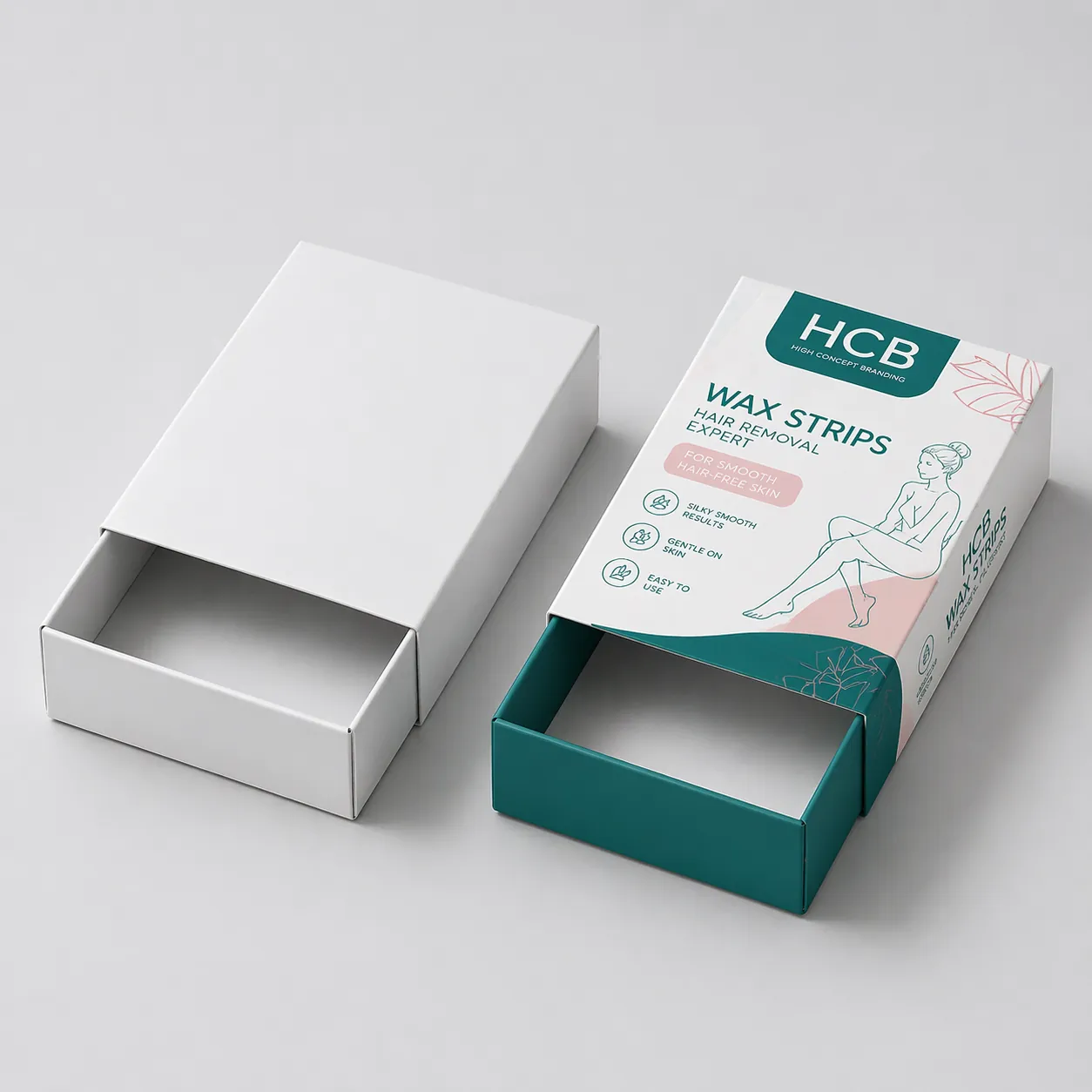 Two vertical retail boxes, one plain white and one featuring pink floral hair removal branding. class=